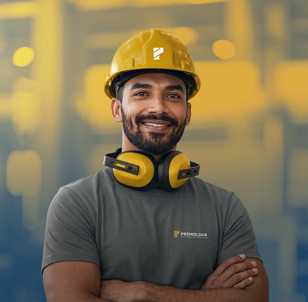 Homem braços cruzados e soridente ele utiliza de um capacete de trabalho e fones protetores